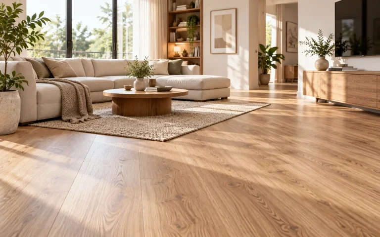 5 Inspirasi Desain Ruang Tamu dengan Lantai Motif Kayu